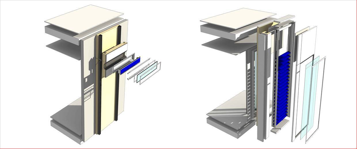 Schematischer Aufbau eines Kollektorstreifens (links). Schematischer Aufbau einer Jalousie mit einem vertikalen Sammelkanal (rechts)